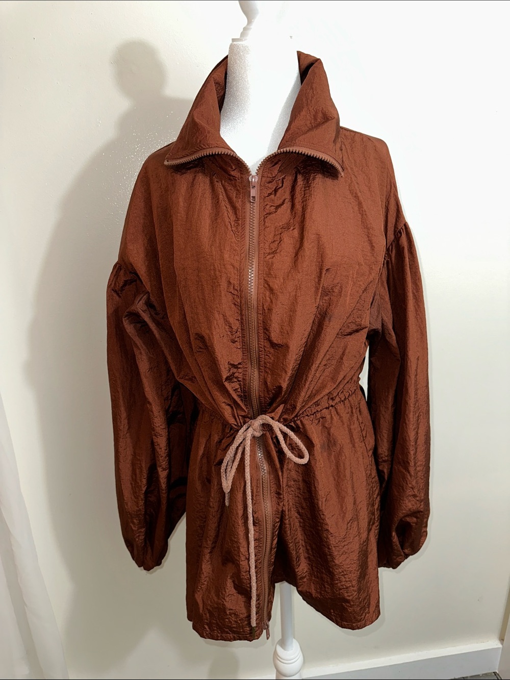 Mia Joy Drawstring Waist Zip-Up Utility Jacket - Brown